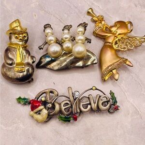 Vintage Christmas Brooch Set of 4. Snowman, Angel, Pearl Snowmen, and Believe